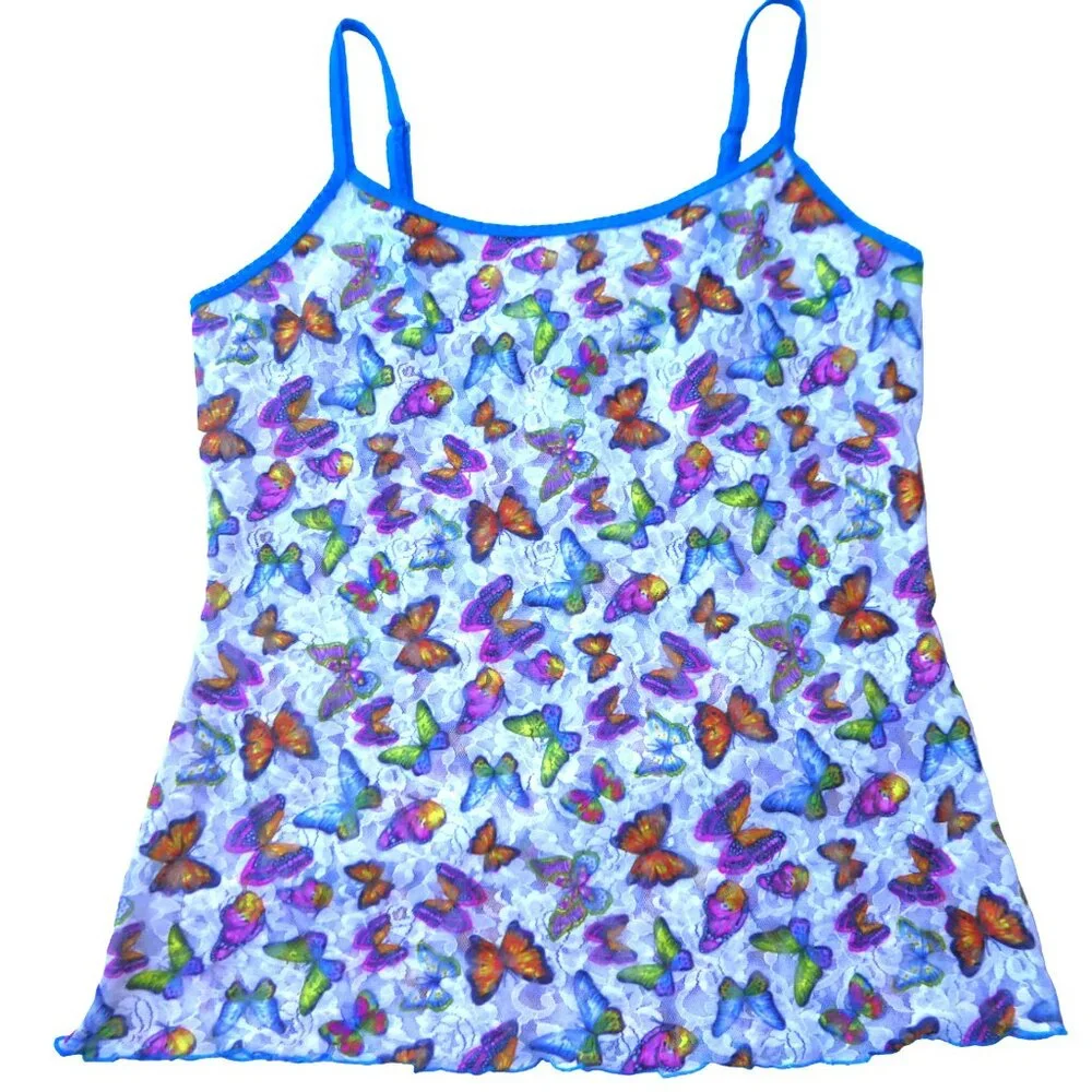 Vintage USA 90s Y2K Hanky Panky Nylon Lace Cami Top Butterflies Adj Straps Sheer